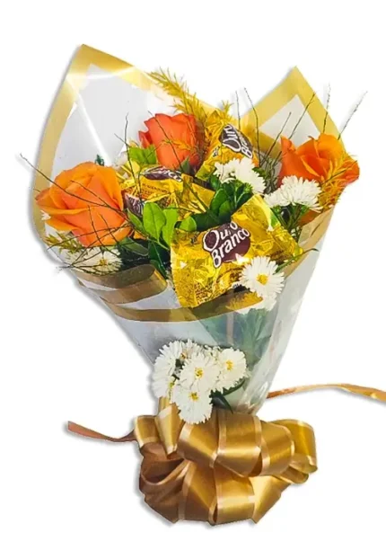 Buquê 3 rosas com 3 ouro branco