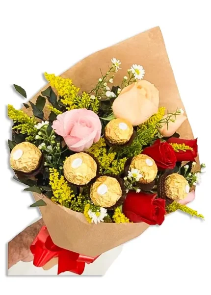 Buquê de 6 rosas e 6 Ferrero Rocher