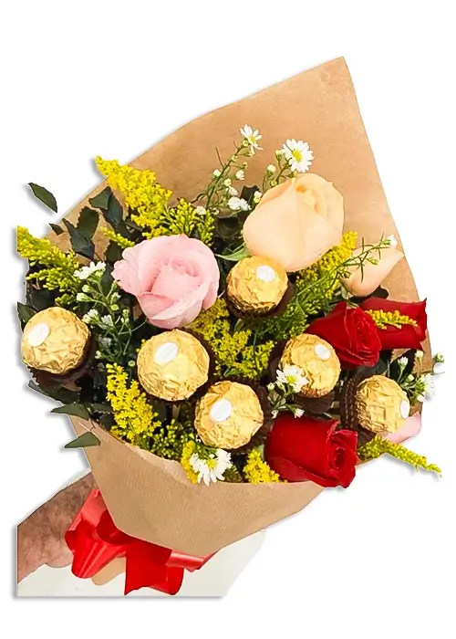 Buquê de 6 rosas e 6 Ferrero Rocher